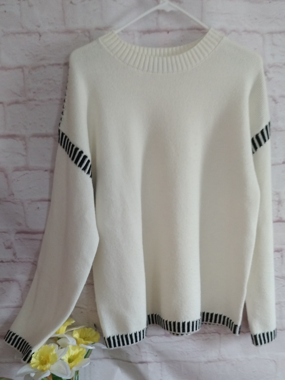 Cream Crewneck Sweater with Black Stripe Accents